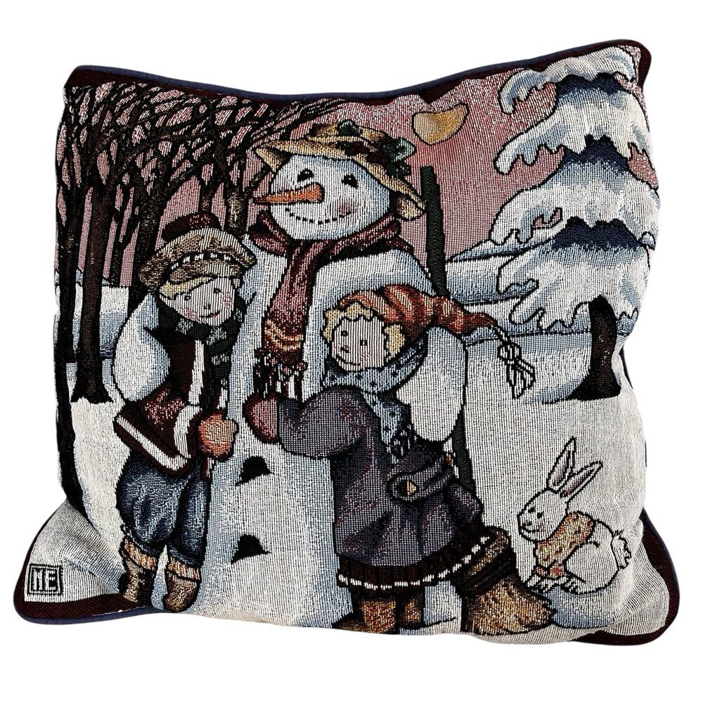 Vtg Mary Engelbreit Tapestry Pillow Happy Winter Snowman Bunny Rabbit USA 15”